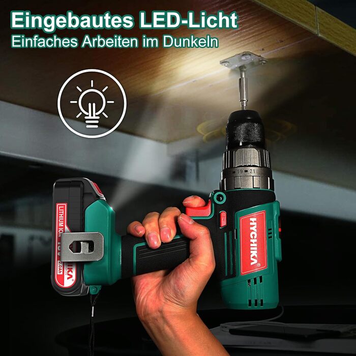 Акумуляторний шурупокрут HYCHIKA 18V, 45 Nm, 2.0 Ah, 27 предметів, 21+3 ступені, 2 швидкості, для свердління та закручування