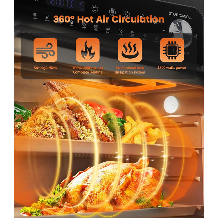 Аерофритюрниця 14 л Emphsism, міні-піч Airfryer XXL 1800 Вт, 11 програм, LED-екран, 4 аксесуари (шампур, решітка тощо), з рецептурником