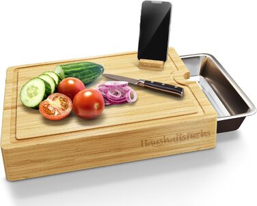 HaushaltsFuchs® Premium 100% FSC® Bamboo Cutting Board with Large Catch Basin, Phone Holder & Juice Groove – XXL Wooden Cutting Board with Stainless Steel Catch Basin - Cutting Board with Tray/Bowl (non-slip)