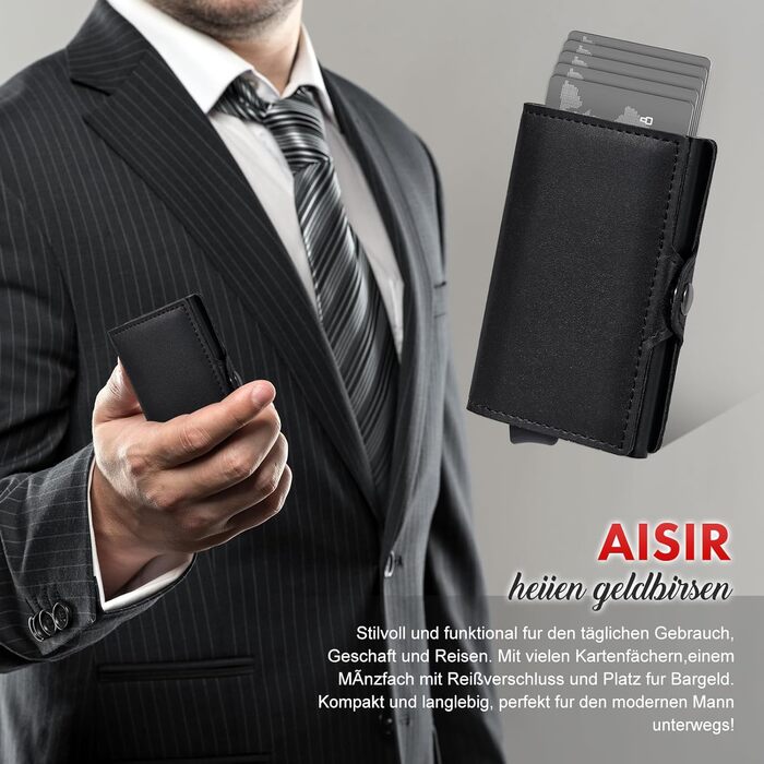 AISIR Гаманець чоловічий/жіночий, міні, з RFID захистом, тонкий з відділенням для монет (чорний)