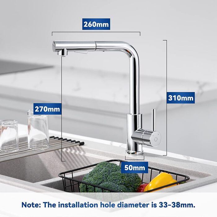 Змішувач кухонний висувний CECIPA з донним виливом, нержавіюча сталь, 2 режими, 360° оберт, матовий, для кухні