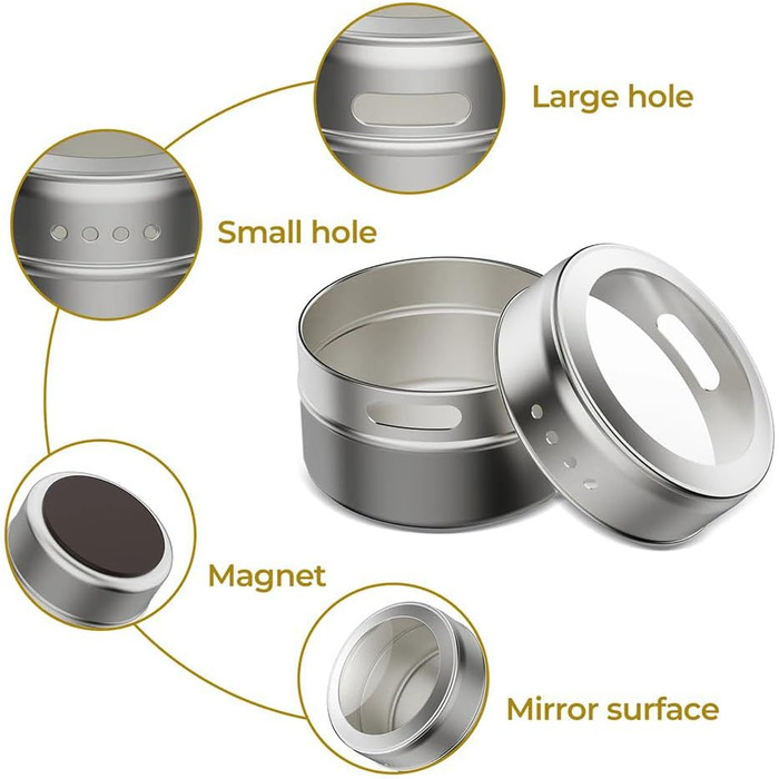 Kingmate 12-Piece (Gray) Spice Jars - Magnetic Stainless Steel Spice Jars, 96 Spice Labels & 24 Blank Labels, Spice Rack Spice Jar Set - Glass Magnetic Spice Box