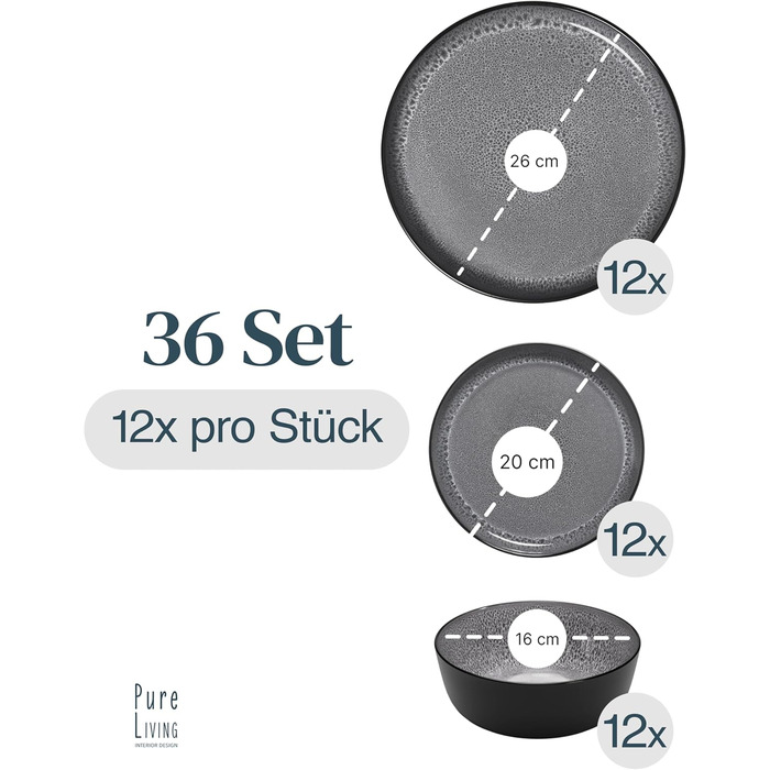 Набір посуду з кераміки Pure Living Ibiza 36 предметів (12 осіб), сірий колір