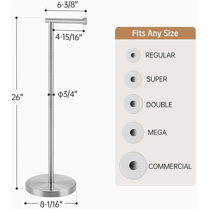 Stainless Steel Freestanding Toilet Paper Holder - Brushed Finish, SUS304, 66cm Height