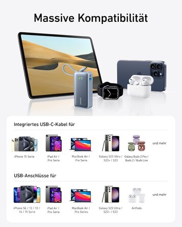 Powerbank Anker Nano 10000mAh з USB-C кабелем, 30W PD, 1xUSB-C, 1xUSB-A. Сумісний з iPhone, MacBook, Galaxy, iPad, AirPods та іншими пристроями (Блакитний)