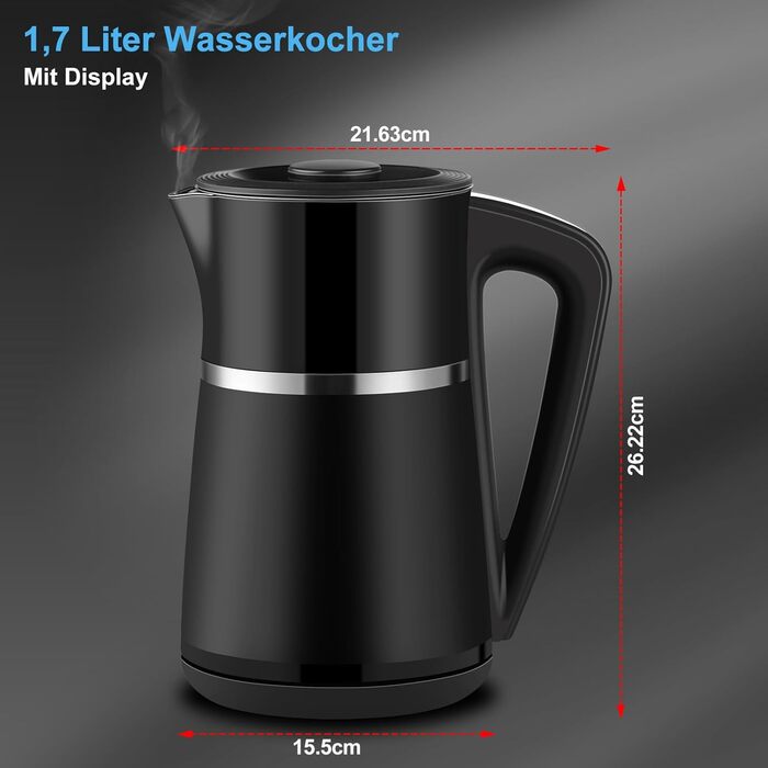 Електричний чайник WANNYTON з регулюванням температури 40-100°C, 1.7 л, 2200 Вт, чорний