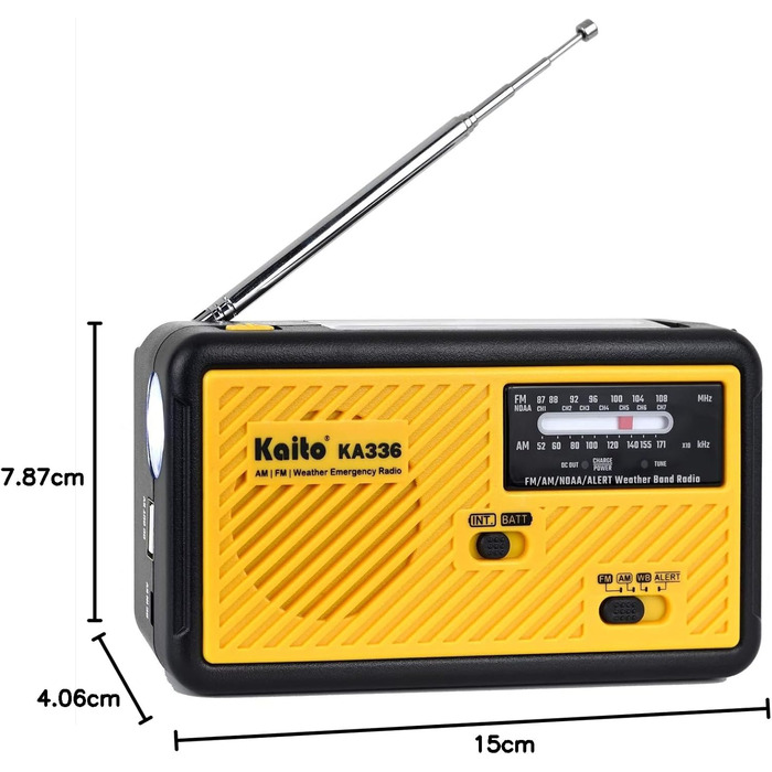 Радіо Kaito Voyager ECO KA336: AM/FM, NOAA, сонячна панель, ручне заряджання, LED-ліхтарик, USB-зарядка для телефону, жовтий
