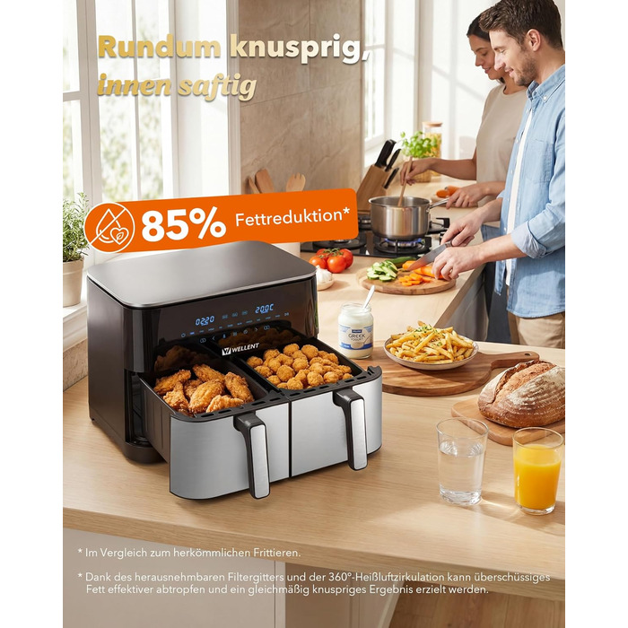 Фритюрниця повітряна WELLENT 2 камери, 2600W, 11л (4+7л) з сенсорним екраном, 10 функцій, для дому