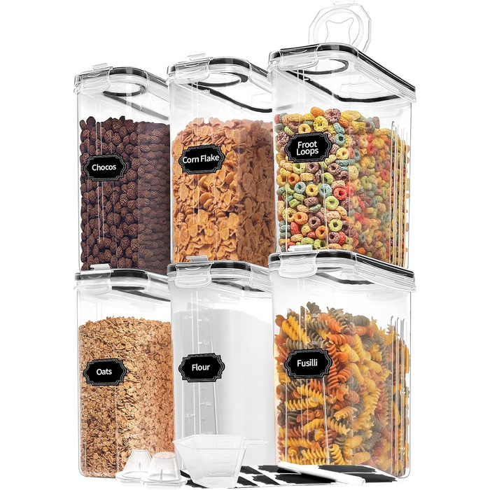 Skroam Muesli Containers, 6 Pack, Airtight Food Storage Containers with Lids, Plastic, Cereal Dispenser for Kitchen and Pantry, Organizer and Storage, Measuring Cup and 20 Labels