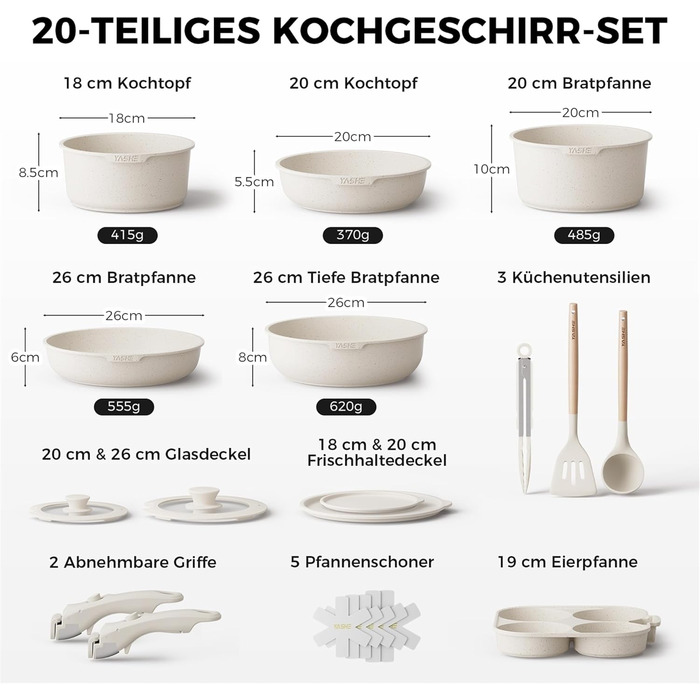 Набір посуду YASHE 20 предметів з антипригарним покриттям, знімні ручки, для індукційних плит, до 230°C, для мийки, можна складати, ідеальний для сімей (Білий)