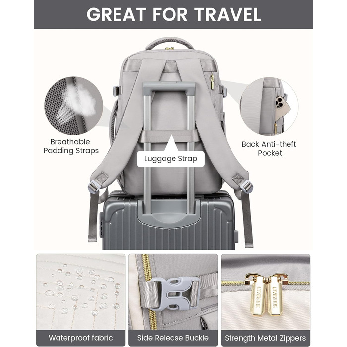 Рюкзак LOVEVOOK 40L для ручної поклажі в літак, жіночий, водонепроникний, з відділенням для ноутбука 17 дюймів, підходить для Easyjet, для подорожей, роботи, хайкінгу, оливково-бежевий (17.3 дюйми, світло-сіро-бежевий)