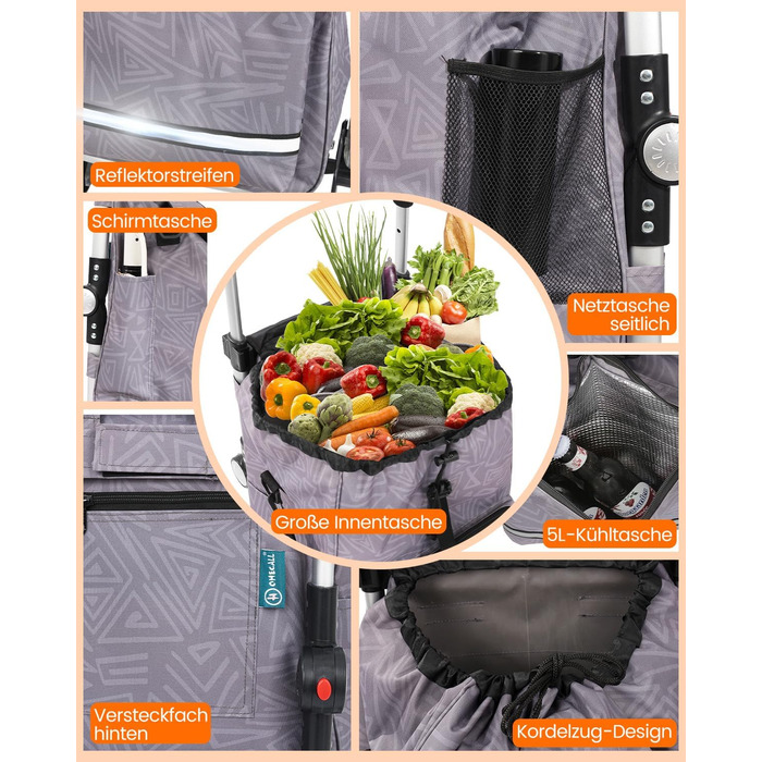 Складаний візок для покупок Homecall 50л з охолодженням, 3 в 1: візок, сумка, таскач, з принтом Geometrie, стандартні колеса