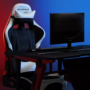 SONGMICS Gaming Chair with Footrest, 330 lbs, Office Chair, Desk Chair, Lumbar Pillow, Headrest, High Backrest, Ergonomic, Steel, Faux Leather, Breathable Mesh Fabric, Black-White RCG52BW Black + White