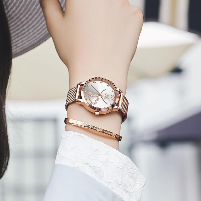 Годинник жіночий OLEVS Roségold: стильні годинники з нержавіючої сталі з мережевим ремінцем, водонепроникні, з діамантовим серцем (білий циферблат/рожеве золоте браслет)