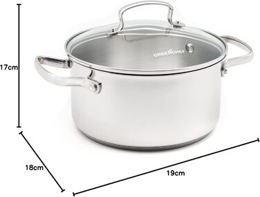 Каструля GreenChef Profile Plus 18 см, 2,1 л, антипригарна кераміка, нержавіюча сталь, з кришкою із загартованого скла, PFAS-free, для індукції, жароміцна до 200°C, срібляста, сіра всередині