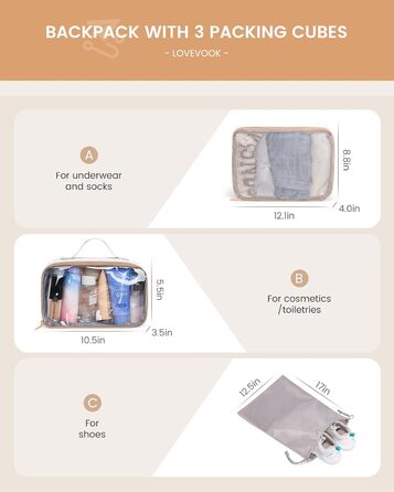 LOVEVOOK Рюкзак для ручної поклажі 40л, для подорожей, з відділенням для ноутбука 17.3 дюймів, з вологостійким відділенням, 45x36x20 см, бежевий/хакі