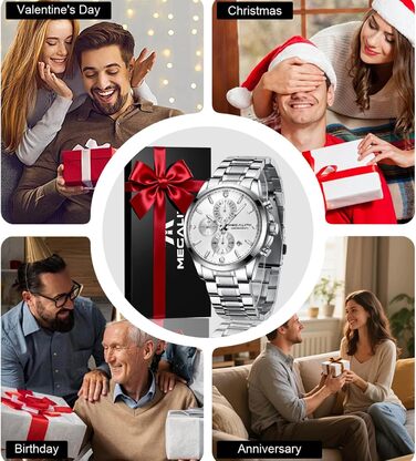 MEGALITH Чоловічий годинник з нержавіючої сталі, Хронограф, Водостійкий, Аналоговий годинник для чоловіків, Бізнес-дизайн, Календар, Світіння (B-silver)