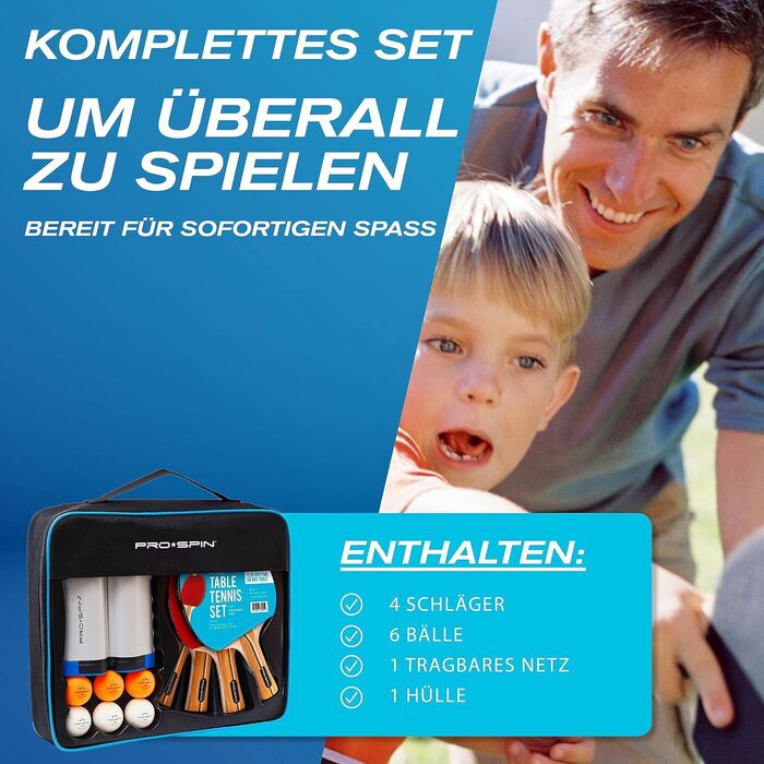 PRO SPIN Table Tennis Set with Net - Mobile Table Tennis Net, 3-Star Table Tennis Balls, Case & Paddles | Perfect Gift Set for 4 Players