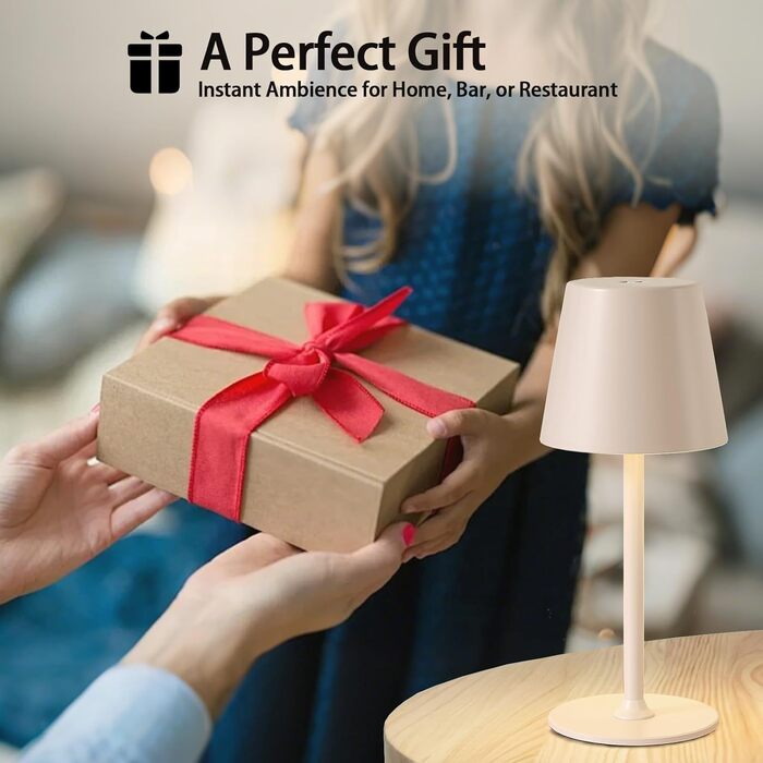 Настільна лампа бездротова LED акумуляторна рожево-бежева для дому та вулиці, диммується, металева IP54