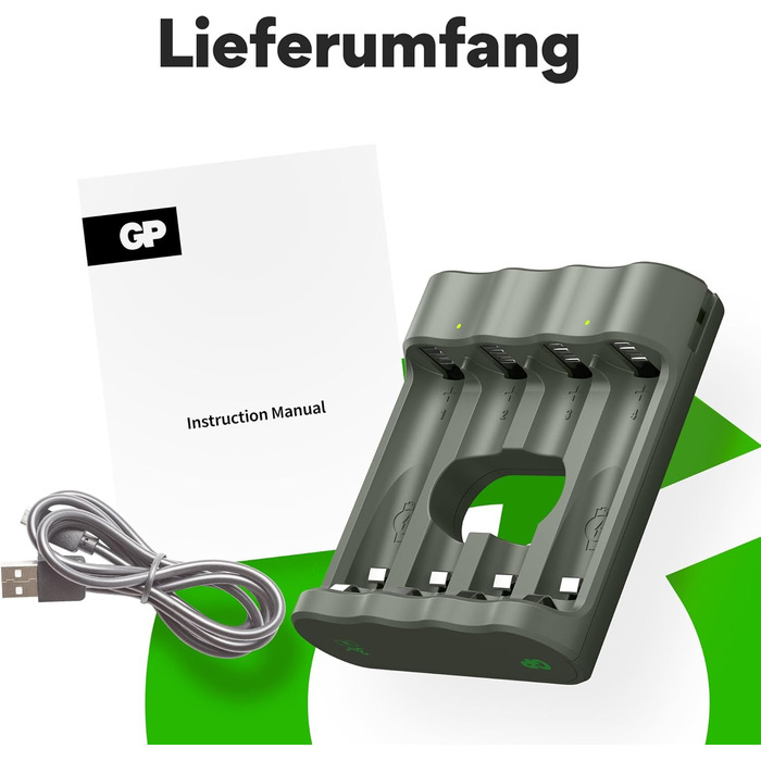 Зарядний пристрій для акумуляторів GP Charge&Save AA AAA з USB-C, 4 слоти, швидка зарядка, LED-індикатор, компактний дизайн