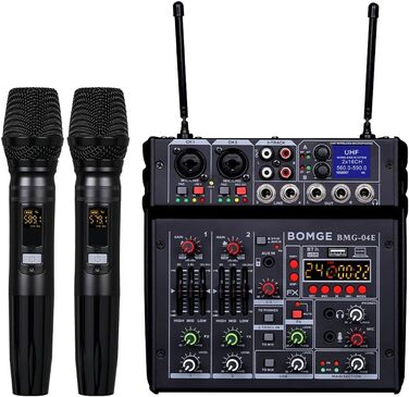 BOMGE 04E Караоке-аудіомікшер 4-канальний з бездротовими Dual-UHF мікрофонами, Bluetooth, MP3, USB, 48V фантомне живлення, для DJ, вечірок, комп'ютера