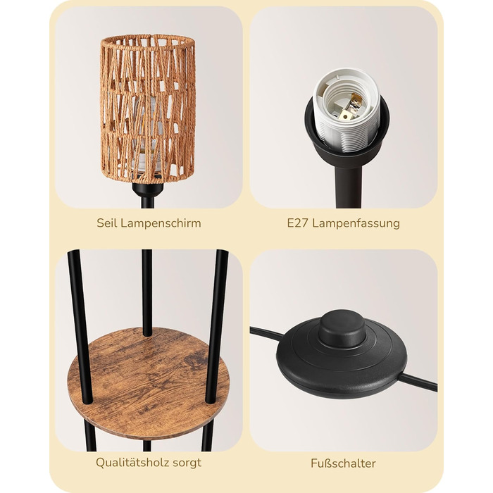 Стійка лампа EDISHINE для вітальні, вінтажна 3-лампова модель з полицею та абажуром з ротангу, 3 патрони E27, з лампочками, бохо-лампа з вимикачем на нозі для спальні та офісу, 178 см (Вінтажний коричневий)