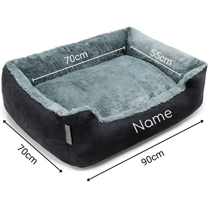 Ліжко для собак Lionto з двостороннім подушкою та неслизьким дном, міцне лежання для собак та котів будь-якого віку, 60x48 см, м'яке собаче ліжко, (Д 90 x Ш 70 x В 20 см (з нанесенням імені), чорний/сірий)