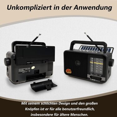 Портативна радіоприймач Klein з сонячною панеллю та акумулятором 1200mAh, AM/FM/SW, 8W динамік, TWS/USB/TF, для кемпінгу, надзвичайних ситуацій та відпочинку на природі (сірий)