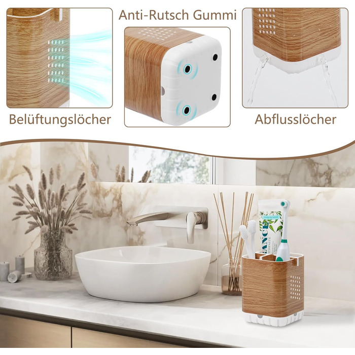 Тримач для електричної зубної щітки з підставкою для насадок, органайзер для ванної кімнати, стаканчик для зубної пасти, знімний тримач для зубних щіток з отвором для зливу (дерев'яна текстура)