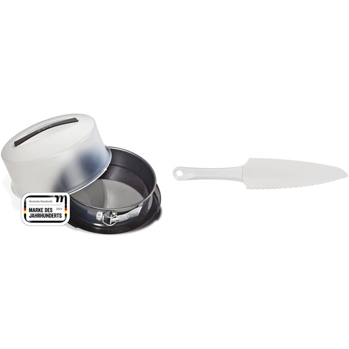 Zenker 7020 Springform with Transport Lid Ø 28 cm DELUXE & Cake Server, 29 cm Patisserie, practical kitchen helper made of plastic, kitchen utensil for cutting, lifting and serving cakes, white