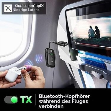 Bluetooth-адаптер 2-в-1 для літака (трансмітер та ресивер) з підтримкою aptX, роз'єм 3.5 мм Jack, версія 5.4, чорний