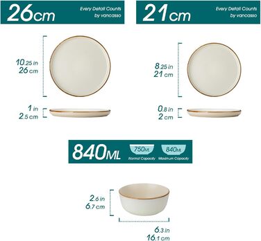 Набір посуду на 6 осіб Vancasso RENO 24 шт. з каменю, сучасний сервіз: тарілки для їжі, супу, десерту, миски. Підходить для миття в посудомийній машині та використання в мікрохвильовій печі. (Бежевий, 36 шт.)