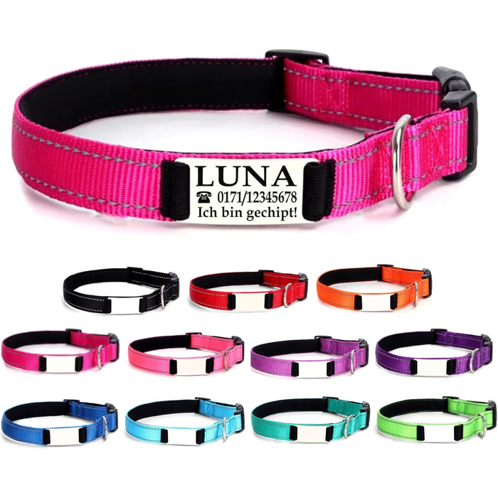 Персоналізований ошийник для собак, з іменем, для маленьких собак, 25-40 см, світловідбиваючий (фуксія, XS)