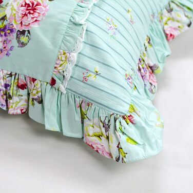 FADFAY Pillow Covers in Farmhouse Style, Roses and Hydrangeas Blue-Green, Striped, Elegant Country Style, 100% Cotton, Vintage Style, Lace, Ruffles, Bedding, Pillowcases, exquisite