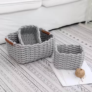 Icegrey Storage Basket Cotton Knit Basket Decorative Natural Rectangular Waterproof Storage Boxes Organizers for Nursery, Bedroom, Living Room (Black, Small)