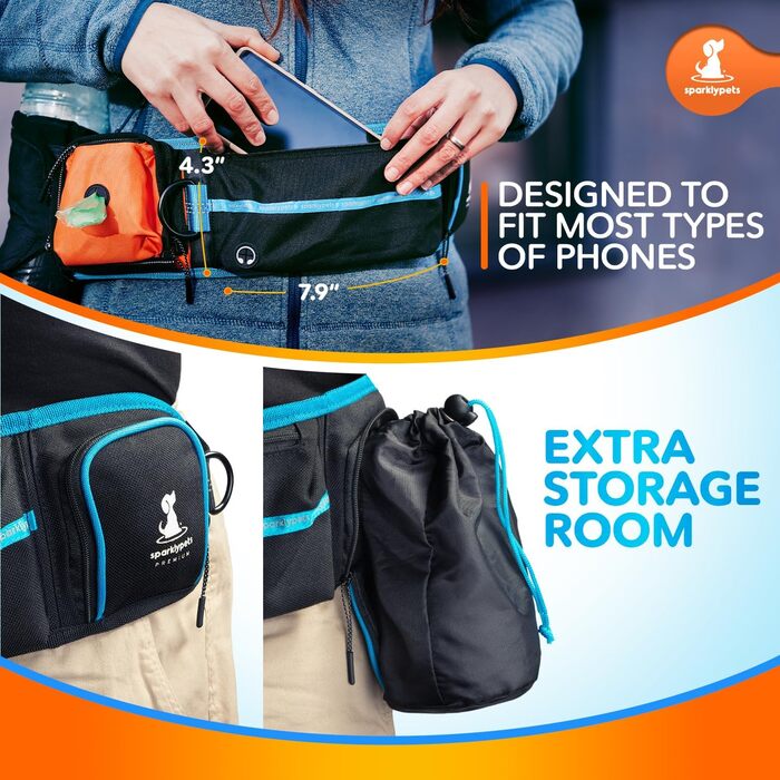 Спортивна повідка на талію для собак SparklyPets - Hands Free для середніх та великих порід. Комплект: тримач для телефону, пакети для екскрементів, кишеня для ласощів та тримач для пляшки. Оранжевий, для двох собак