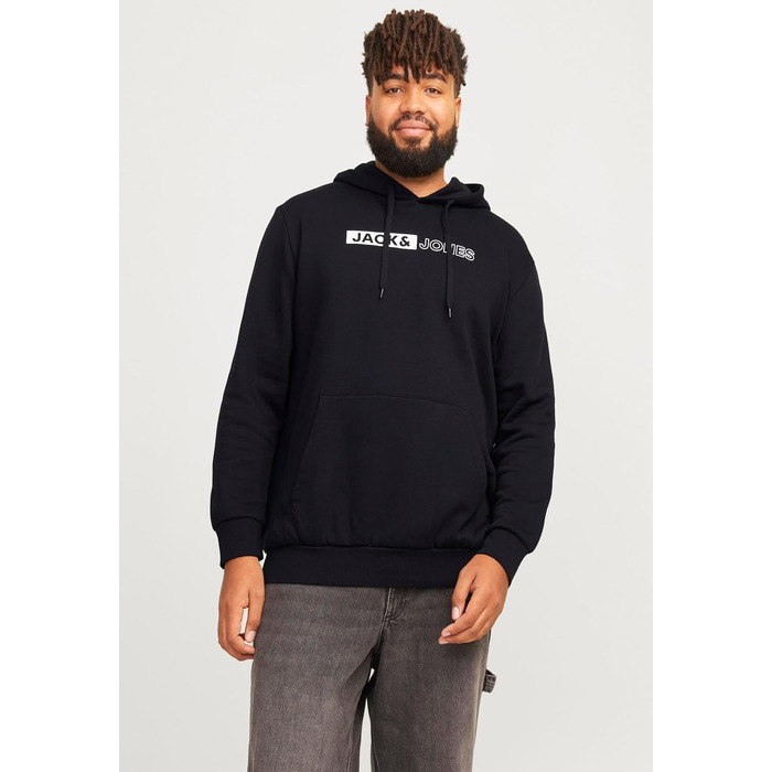 Чоловічий теплий худі з принтом JACK & JONES JJEOGO Basic — чорний, великий розмір (8XL), регулярний крій