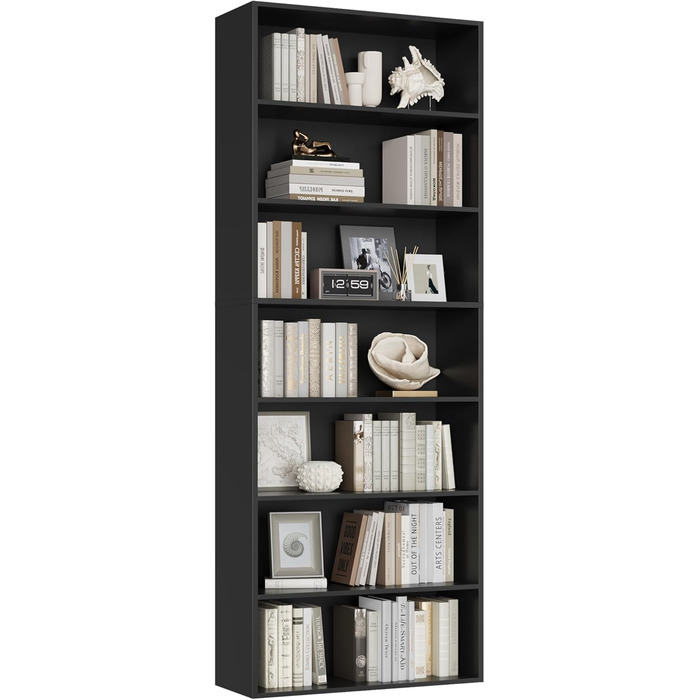 Книжкова шафа FirFurd з 7 полицями, чорна, 209,5x60x23,5 см, для вітальні, офісу та спальні