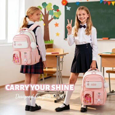 Шкільний рюкзак для дівчаток-підлітків, рожевий, з помпоном, тролей-петлею та світловідбивачами. Великий рюкзак для школи та подорожей, 3-7 клас, водонепроникний