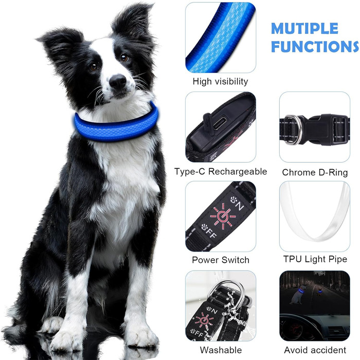 Світлодіодне нашийник для собак AUAUY, USB-зарядка, водонепроникний, регульований, 6 кольорів, розмір S (11.8-15.7'/30-40 см), колір: блакитний