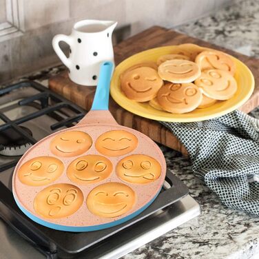 Млинцева пательня Joeji's Kitchen з 7 отворами зі смайликами, 26,5 см, антипригарна, легкий алюмінієвий литий корпус, для індукції, дитяча, універсальна для млинців та яєць, синя