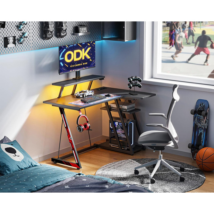 LED Gaming Desk with Power Outlets - L-Shaped PC Gaming Table with Monitor Stand & Storage - Carbon Fiber Black 100cm