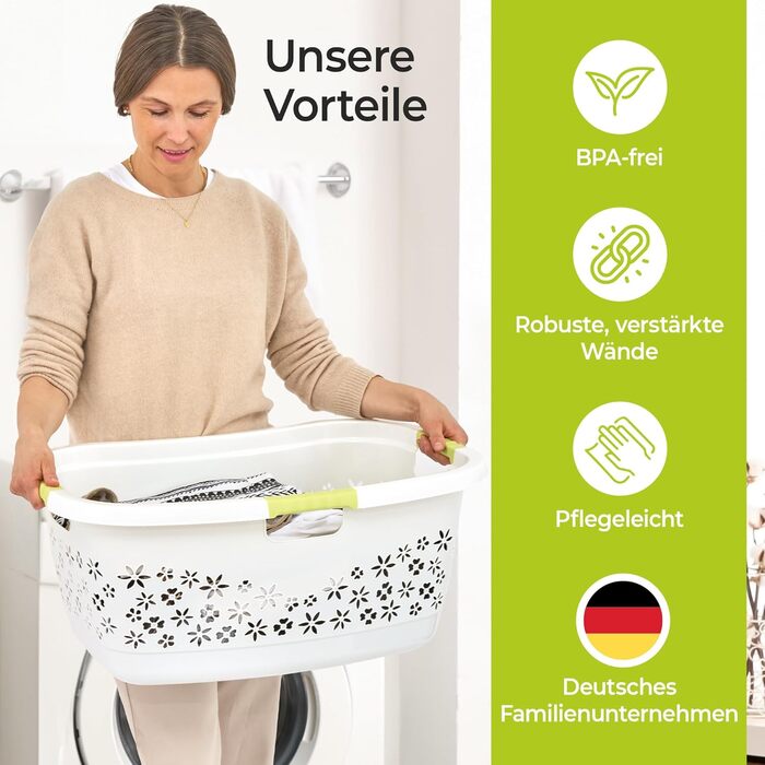 Premium laundry basket 50 L with ergonomic shape, soft-touch handles, breathable design, and decorative floral pattern (white/mint green)
