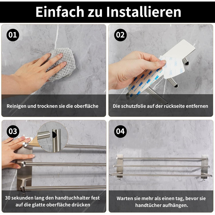 Тримач для рушників Vista з 3-ма перекладинами, 75 см, SUS304 нержавіюча сталь, без свердління, з двома гачками, сріблястий, для ванної, кухні, спальні