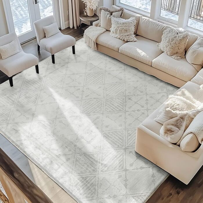 Килим Leesentec для вітальні, спальні: геометричний, сучасний, антиковзаючий, короткий ворс, бежевий, великий, білий (слонова кістка, 80*120 см), кремовий/світло-сірий (200x300 см)