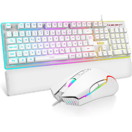 RedThunder K10 Ігровий Набір Клавіатура та Миша, QWERTZ DE-розкладка, Металева Пластина та Підставка для Руки, RGB-підсвічування та 7D, Ергономічний для ПК Геймерів (Білий)