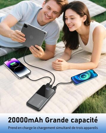 Портативний зарядний акумулятор Power Bank 20000mAh з швидкою зарядкою 22.5W, LCD дисплеєм, 1 USB-C, 2 USB-A для iPhone 17/16/15/14/13 та смартфонів, чорний