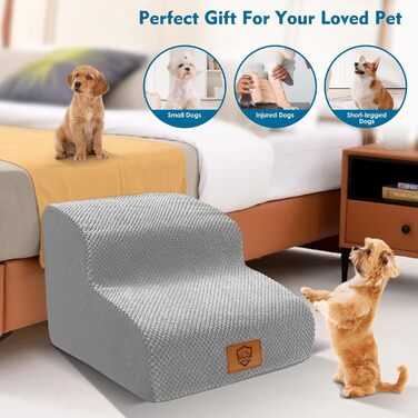 Myiosus Dog Stairs for Bed, 2-Step Foam Pet Stairs for Sofa with Removable Waterproof Cover, Non-Slip Dog Ramp Ladder for Small Dogs and Cats, 40 x 40 x 30 cm, Black (Grey Dog Stairs)