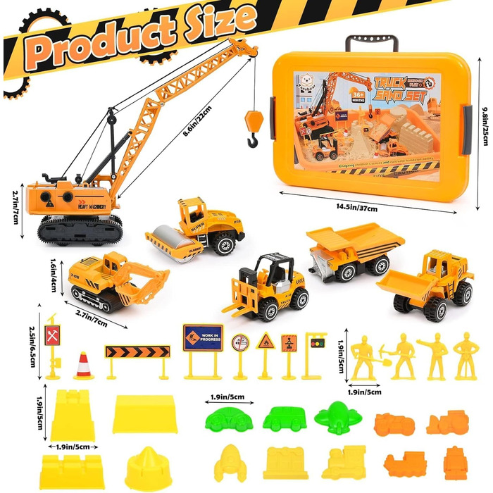 Tacobear Construction Site Magic Sand Case Sensory Toy Gifts Boy 3-8 Years with 1kg Kinetic Sand, Crane Toy, 5 Mini Vehicles & 14 Sand Molds, Sand Play Toy, Magic Sand Gift for Kids