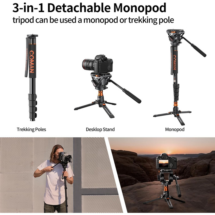 Штатив Coman Q6 для відеокамери та DSLR: міцна монопод з регулюванням 179.3 см, максимальне навантаження 10 кг, чорний